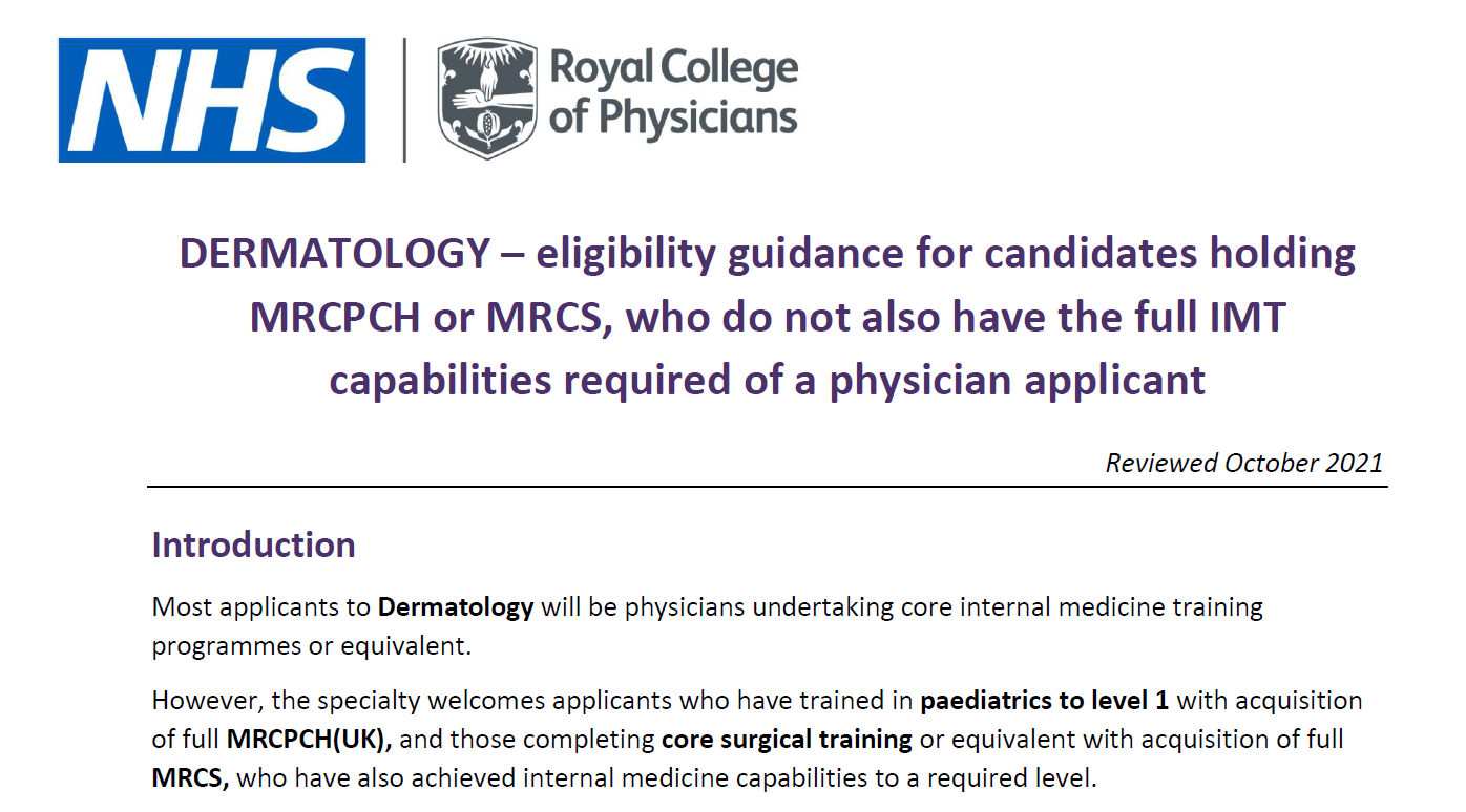 Dermatology - guidance for candidates from non-physician pathways and completing the alternative certificate